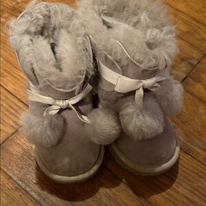 UGG Gray/Tan Kids Boots with Pom Poms